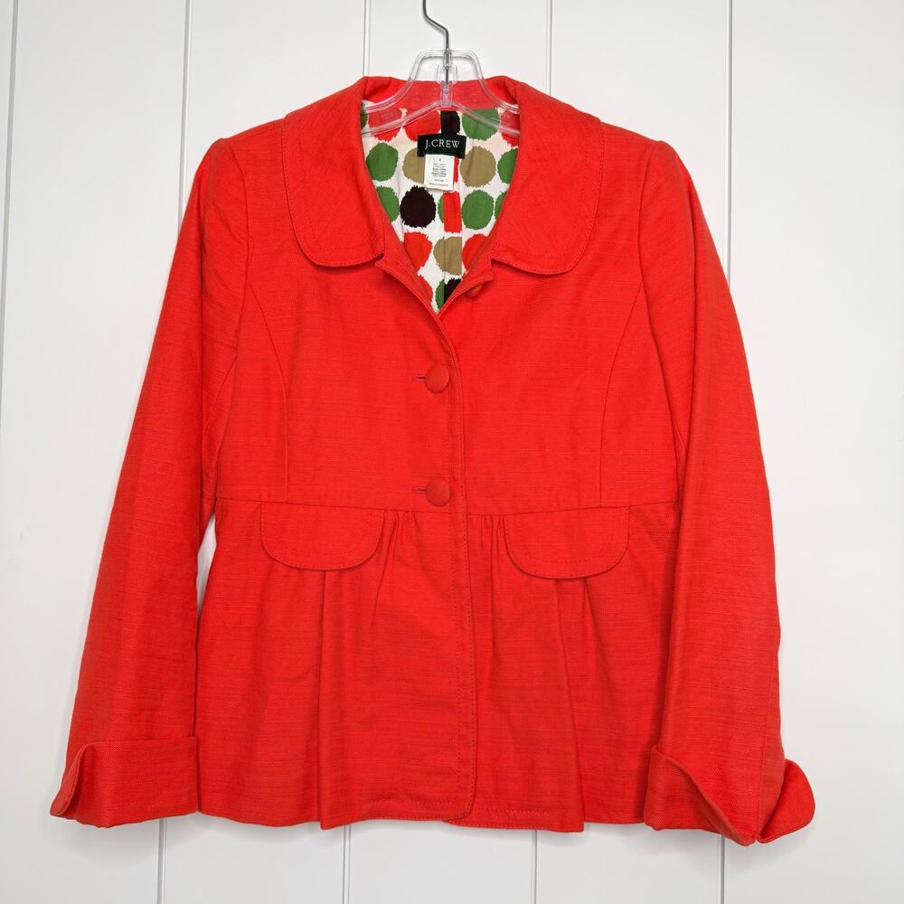 J.Crew Orange Linen Cotton Blazer Dot Lined Preppy Jacket Size 2